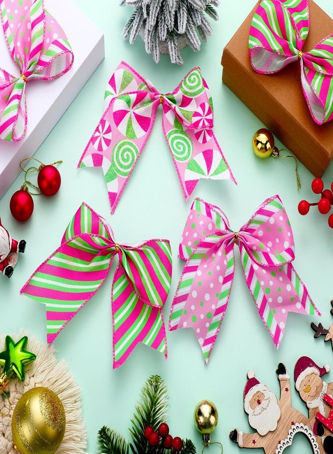 Knitgrip 12 Pcs Christmas Pink Green Bows Decoration 6 Inch Large Christmas Candy Peppermint Bowknots Gift Wrapping Ribbon Garland for Xmas Tree Wreaths Holiday Crafts Party Accessories - Image 5